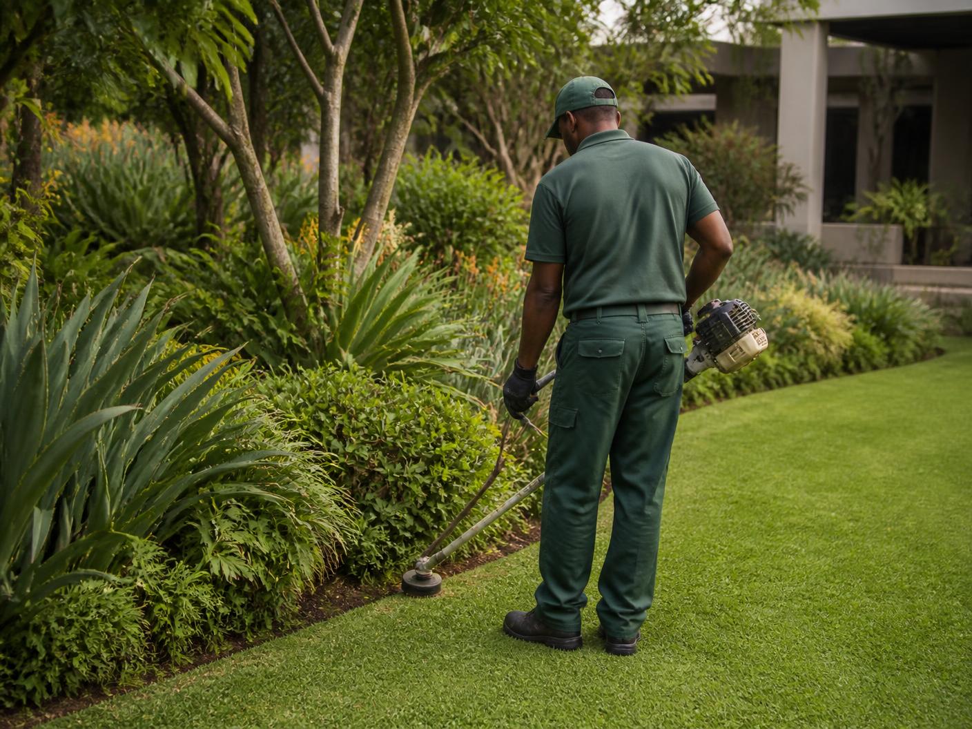 Professional groundskeeper carefully maintaining a garden edge