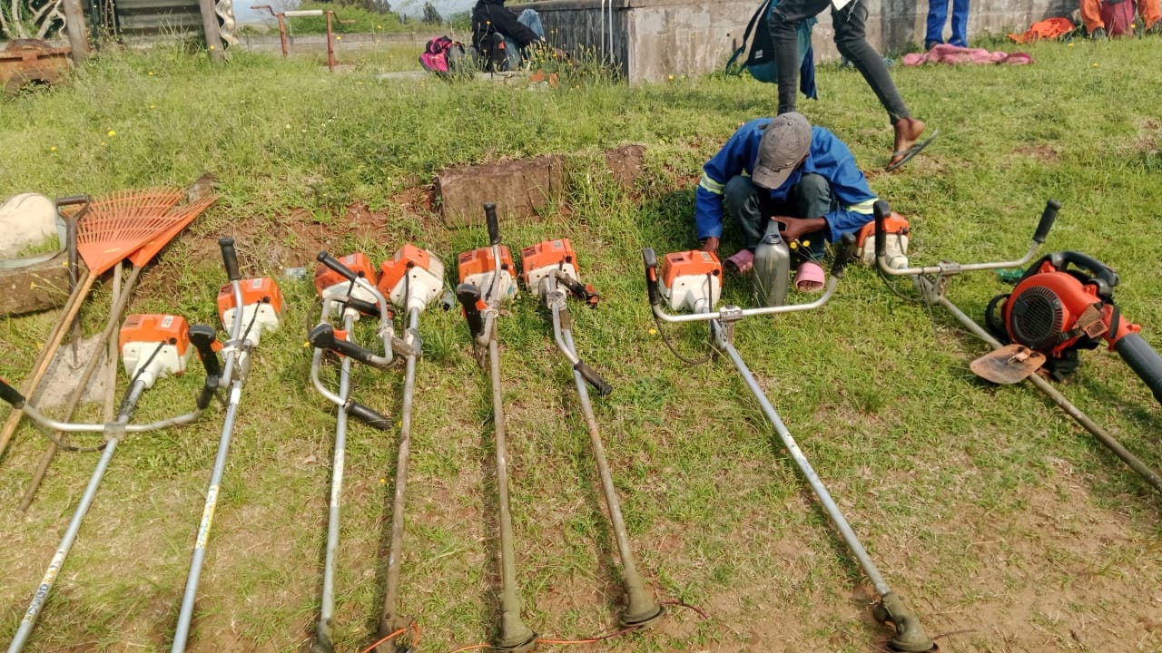 Brush cutters and equipment laid out before a grass cutting job