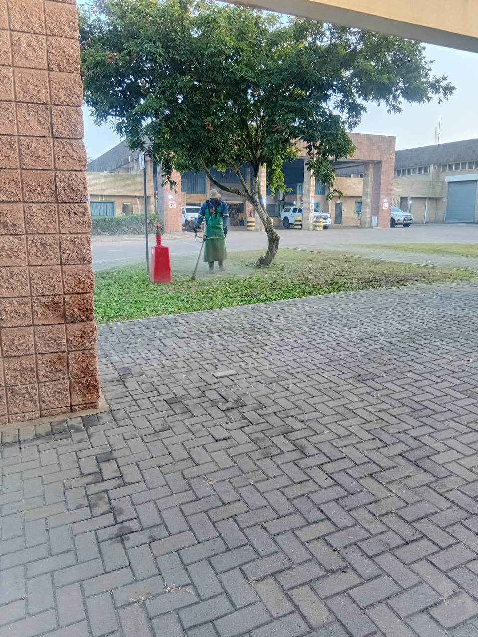 Team member cutting grass beside a commercial property
